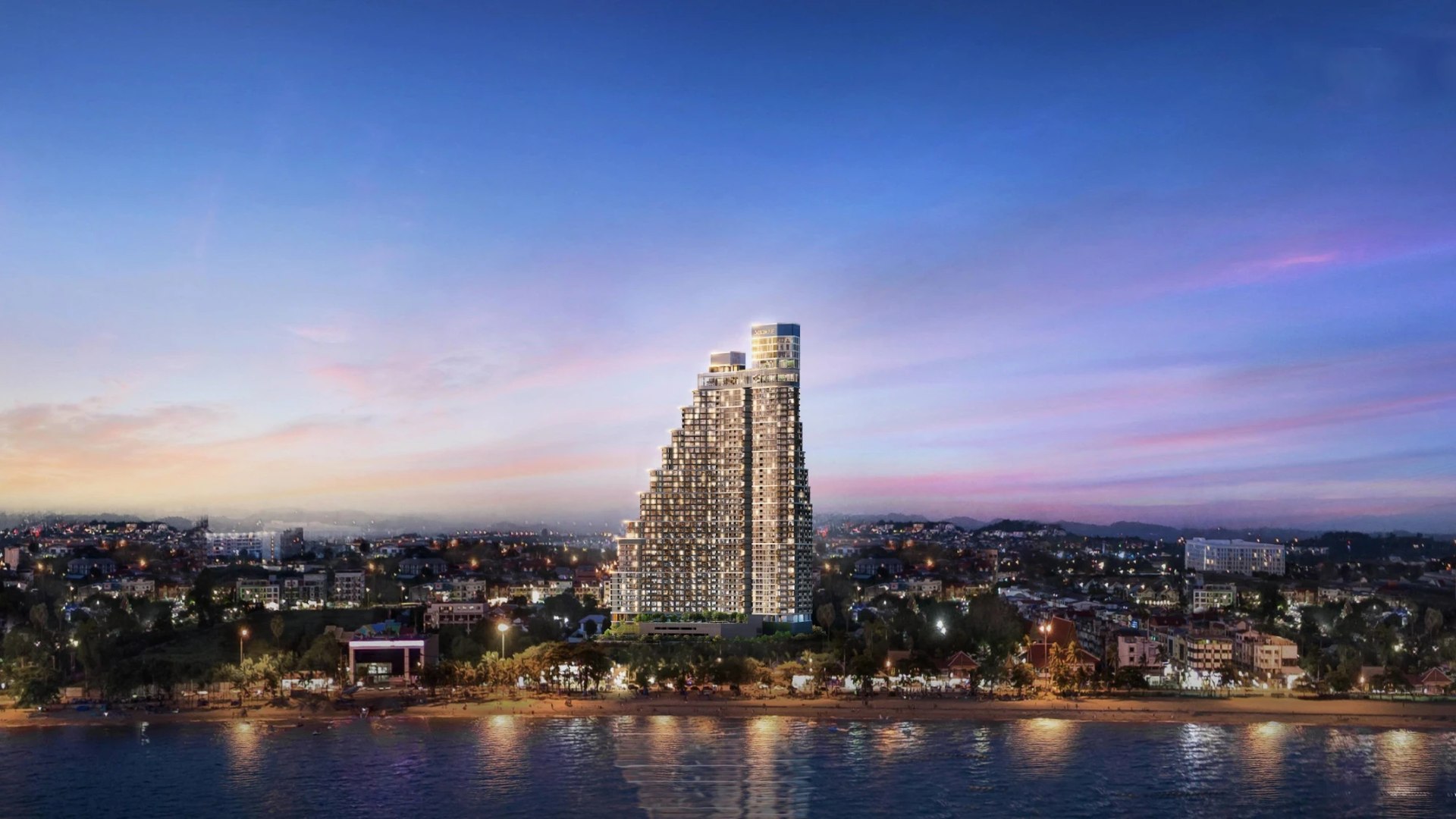 Aquarous Jomtien Pattaya — view of the towers from Jomtien Beach
